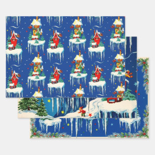 Vintage Christmas Frosty Floating Villages Wrapping Paper Sheets