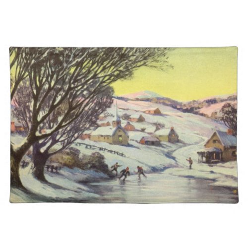 Vintage Christmas  Frozen Lake with Ice Skaters Cloth Placemat