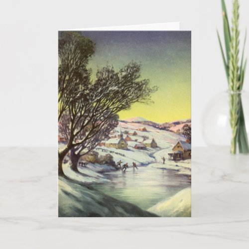 Vintage Christmas  Frozen Lake with Ice Skaters Holiday Card