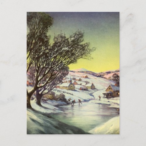 Vintage Christmas  Frozen Lake with Ice Skaters Holiday Postcard