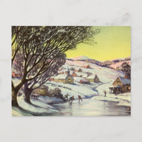 Vintage Christmas  Frozen Lake with Ice Skaters Holiday Postcard