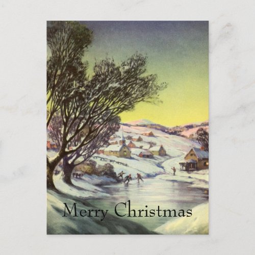 Vintage Christmas  Frozen Lake with Ice Skaters Holiday Postcard