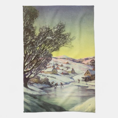 Vintage Christmas  Frozen Lake with Ice Skaters Kitchen Towel