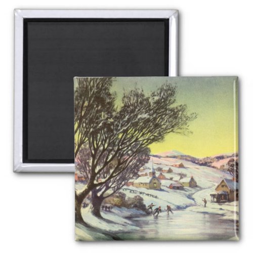 Vintage Christmas  Frozen Lake with Ice Skaters Magnet