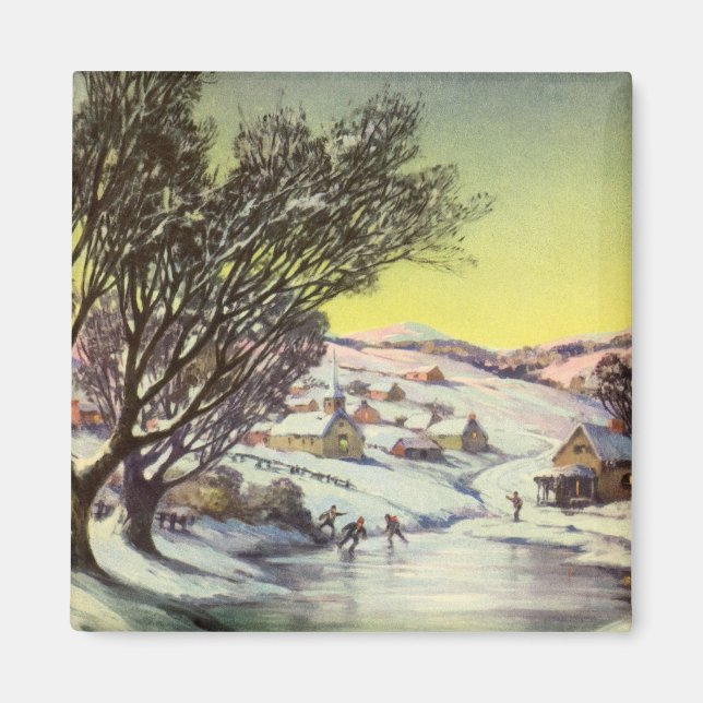 Vintage Christmas,  Frozen Lake with Ice Skaters Magnet (Front)