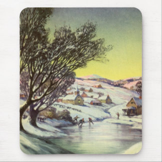 Vintage Christmas, Frozen Lake with Ice Skaters Mouse Pad