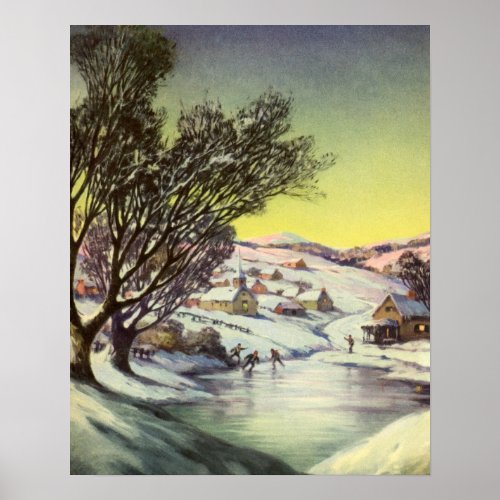 Vintage Christmas  Frozen Lake with Ice Skaters Poster