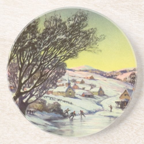 Vintage Christmas  Frozen Lake with Ice Skaters Sandstone Coaster