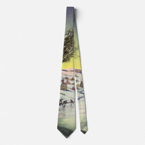 Vintage Christmas  Frozen Lake with Ice Skaters Tie