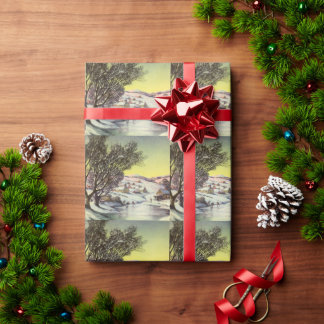 Vintage Christmas, Frozen Lake with Ice Skaters Wrapping Paper