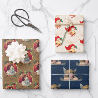 Vintage Christmas Fun Nostalgic Santa Cat Angel Wrapping Paper Sheets