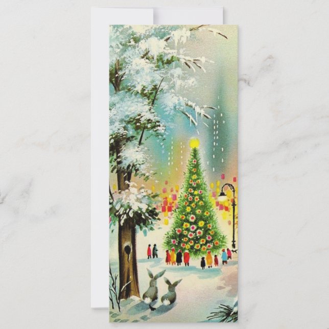 Vintage Christmas Gathering Around Tree Holiday Card (Front)