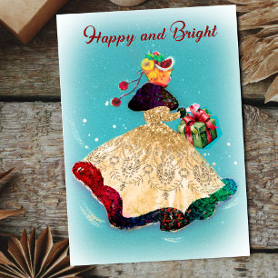 Vintage Christmas gift box gold glitter girl Holiday Card