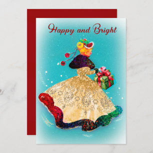 Vintage Christmas gift box gold glitter girl Thank You Card