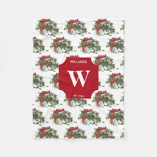 Vintage Christmas Gift Holiday Monogrammed Fleece Blanket (Front)