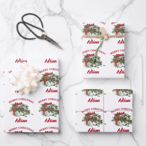 Vintage Christmas Gift Holly Berries Custom Name  Wrapping Paper Sheets