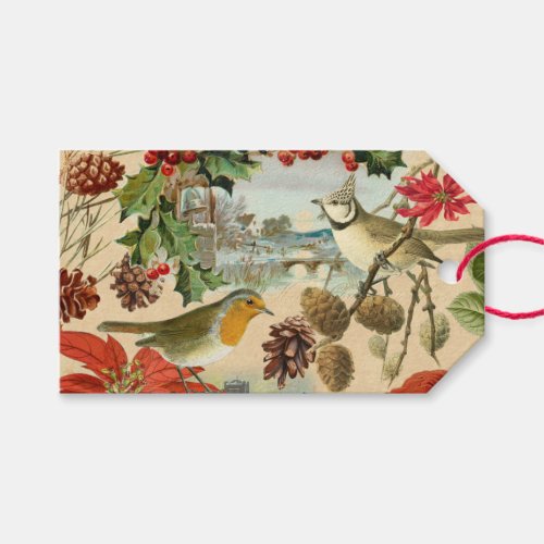 Vintage Christmas gift tags w birds and flowers