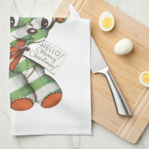 Vintage Christmas Gingham Puppy Dog Stuffed Animal Kitchen Towel