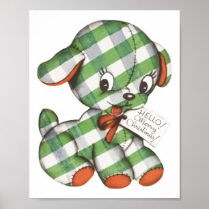 Vintage Christmas Gingham Puppy Dog Stuffed Animal Poster