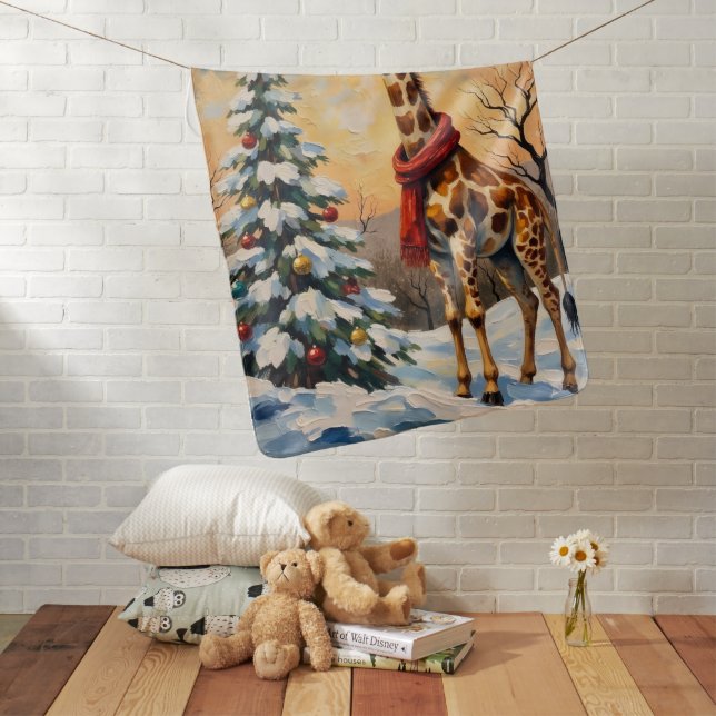 Vintage Christmas Giraffe in Snowy Savanna Baby Blanket (In Situ)