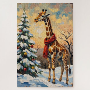 Vintage Christmas Giraffe in Snowy Savanna Jigsaw Puzzle