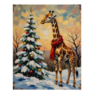 Vintage Christmas Giraffe in Snowy Savanna Poster