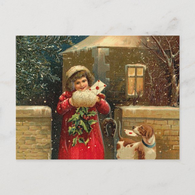 Vintage Christmas girl and dog Holiday Postcard (Front)
