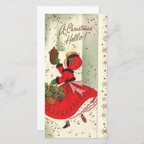 Vintage Christmas Girl At Doorstep Holiday Card
