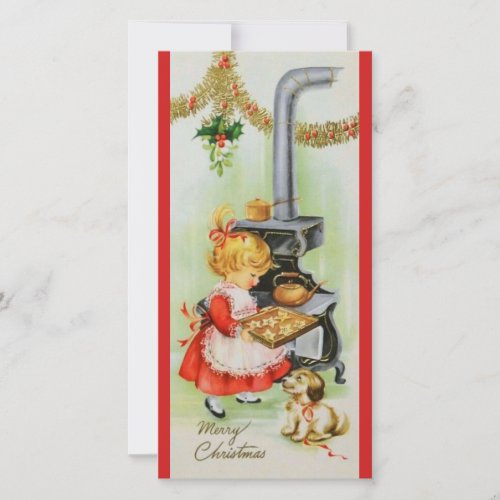 Vintage Christmas Girl Baking Cookies Holiday Card