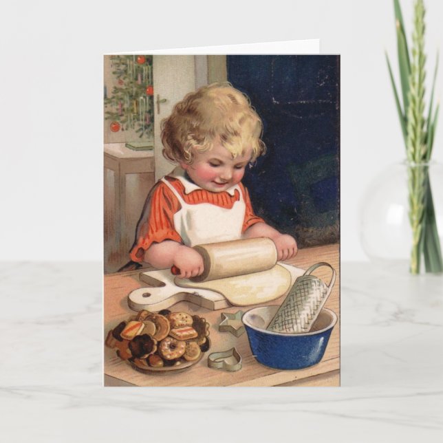 Vintage Christmas - Girl Baking Cookies Holiday Card (Front)