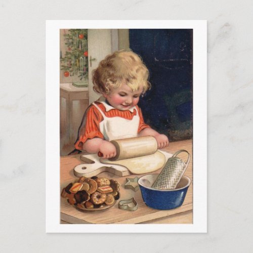 Vintage Christmas _ Girl Baking Cookies Holiday Postcard