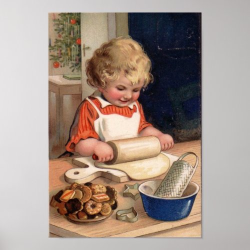 Vintage Christmas _ Girl Baking Cookies Poster