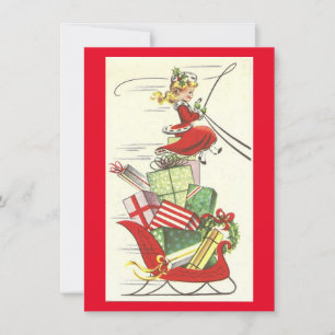 Vintage Christmas Girl Brings Presents Holiday Card