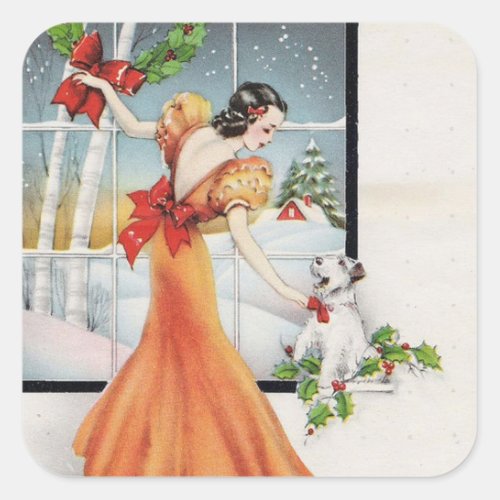 Vintage Christmas Girl By A Window With Her Dog Square Sticker