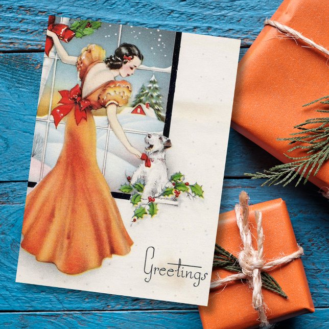 Vintage Christmas Girl By Window With Dog Holiday Card (Creator Uploaded)