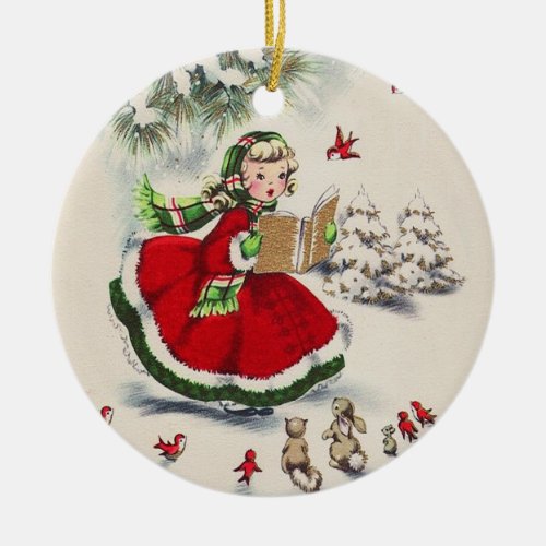 Vintage Christmas Girl Ceramic Ornament