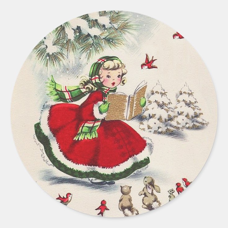 Vintage Christmas Girl Christmas Classic Round Sticker Zazzle
