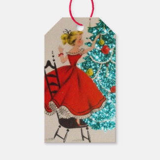 Vintage Christmas Girl Decorating Tree Gift Tags