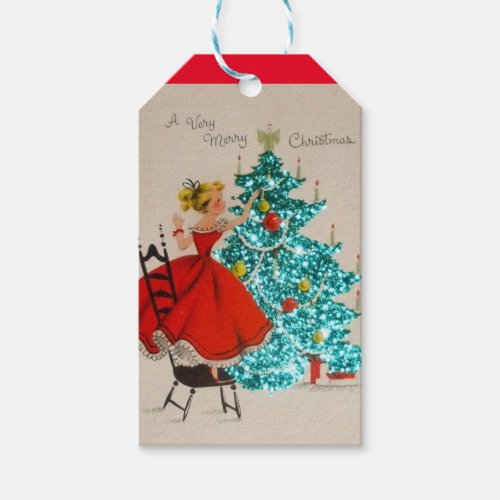 Vintage Christmas Girl Decorating Tree Gift Tags