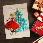 Vintage Christmas Girl Decorating Tree Holiday Card<br><div class="desc">Vintage Christmas Girl Decorating Tree.</div>