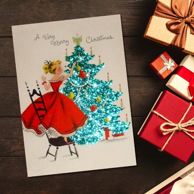 Vintage Christmas Girl Decorating Tree Holiday Card (Creator Uploaded)