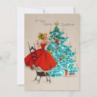 Vintage Christmas Girl Decorating Tree Holiday Card