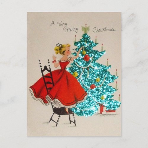 Vintage Christmas Girl Decorating Tree Holiday Postcard