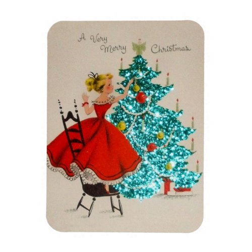 Vintage Christmas Girl Decorating Tree Magnet