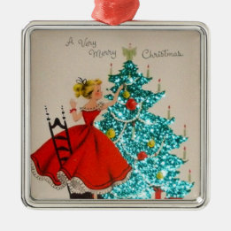 Vintage Christmas Girl Decorating Tree Metal Ornament