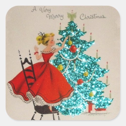 Vintage Christmas Girl Decorating Tree Square Sticker