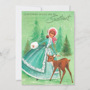 Vintage Christmas Girl Deer Sweetheart Holiday Card
