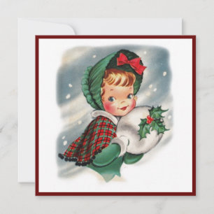 Vintage Christmas Girl Holding Holly Holiday Card