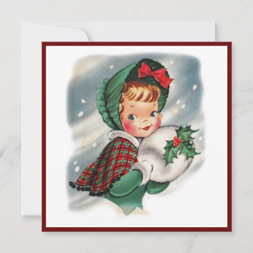 Vintage Christmas Girl Holding Holly Holiday Card
