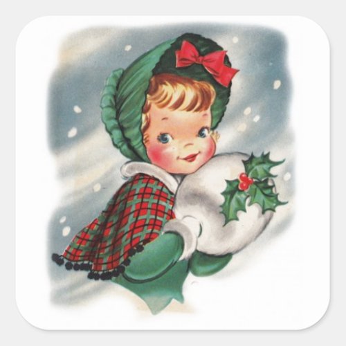 Vintage Christmas Girl Holding Holly Square Sticker